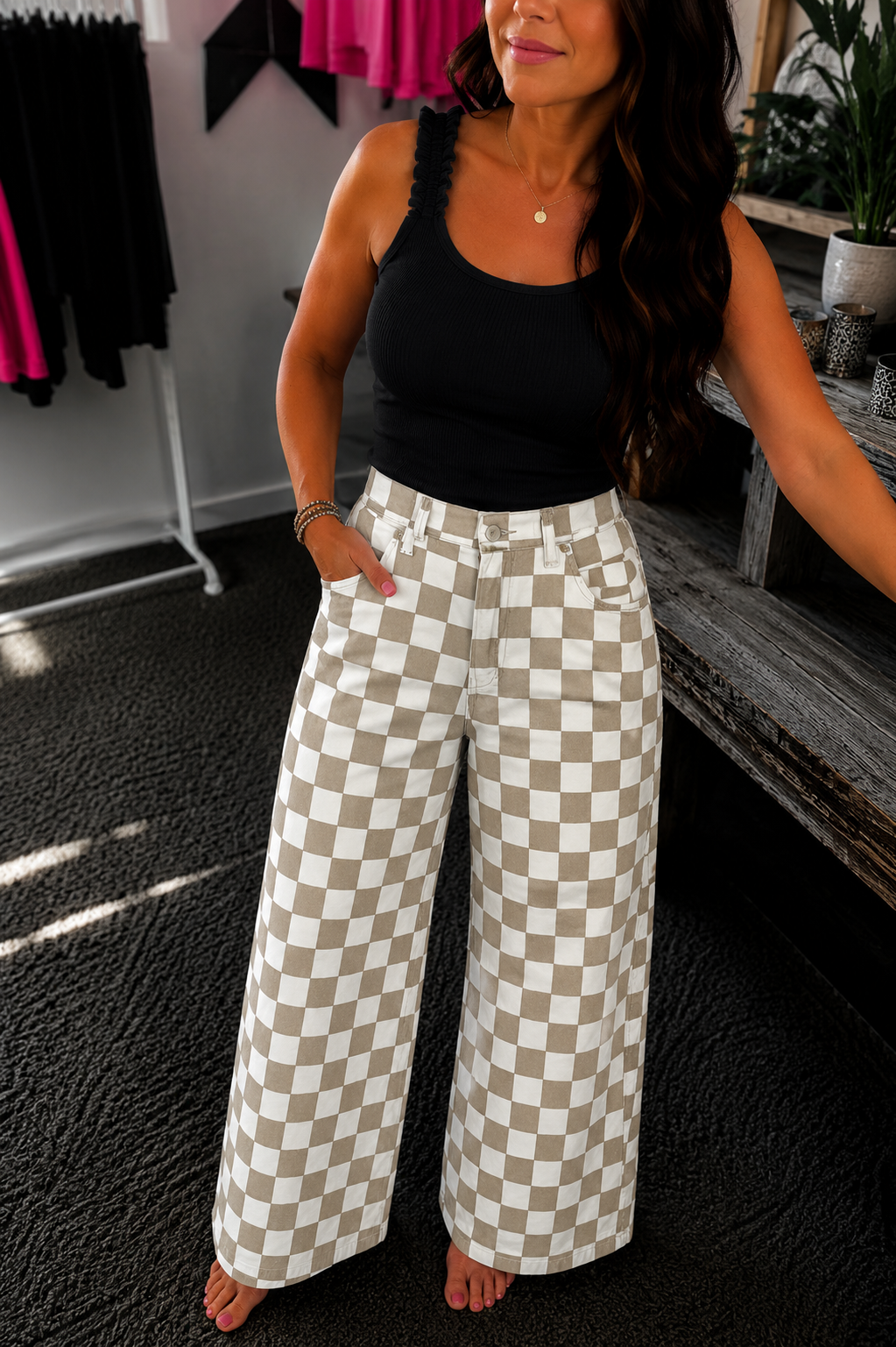 Khaki Checkered Barrel Jeans